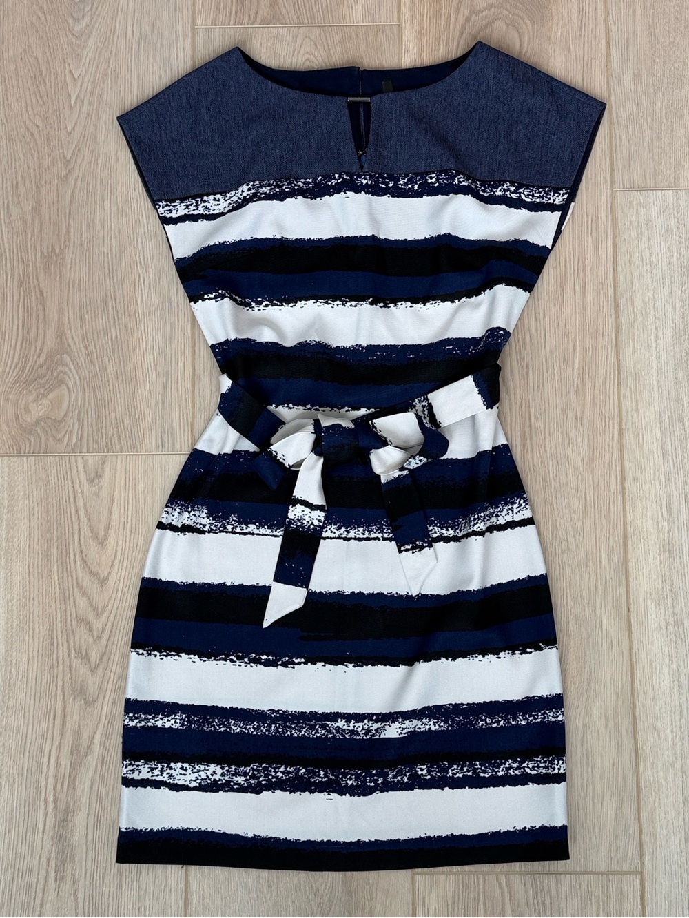 Striped Tie Waist Dress Marc New York Navy White Keyhole Sheath Business Mini 2